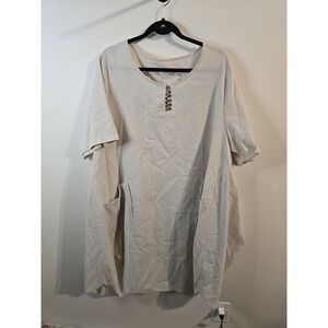 Oatmeal Minibee Linen‎ Blend Dress Women XL Lagenlook Oversized Peasant Pockets
